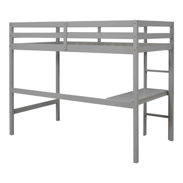 Twin Loft Pine Wood Bed with  built-in desk, Safety Guardrails, Ladder,Grey