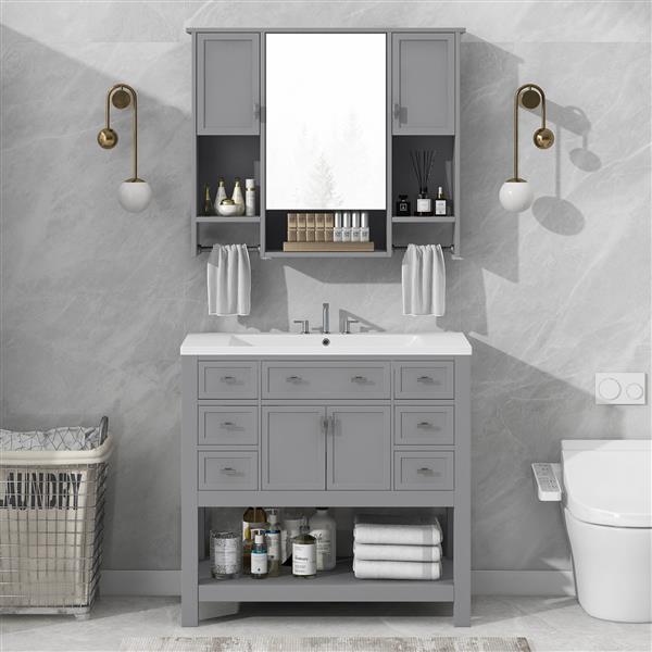 36'' Bathroom Vanity with Top Sink, Modern Mirror Cabinet with Towels Bar, Bathroom Storage Cabinet with 2 Soft Closing Doors and 6 Drawers, Single Sink Bathroom Vanity