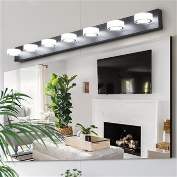 Modern 7-Light LED Vanity Light Fixture - Black Iron Finish with Acrylic Shades - Energy-Efficient Bathroom Wall Sconce - Dimmable, 52.2-Inch Length