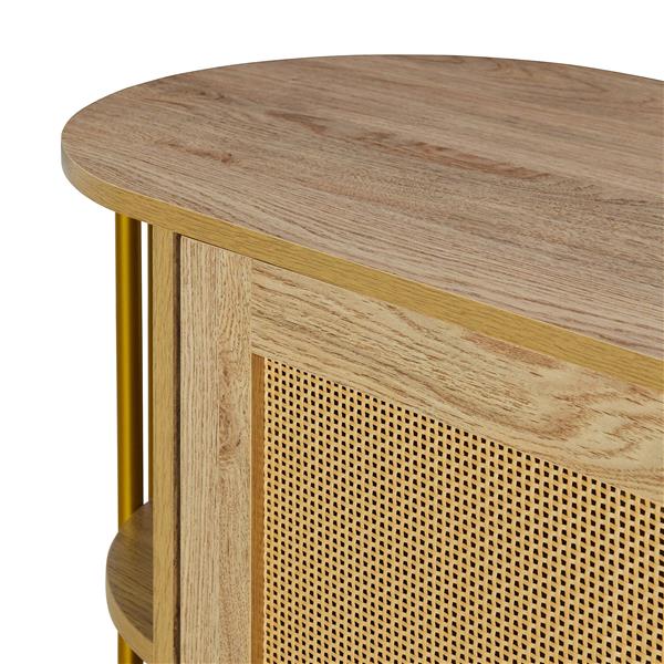 2-Door Elegant Curved Dining Cabinet with Gold Trim and Woven Rattan Doors for Dining Room (Natural)