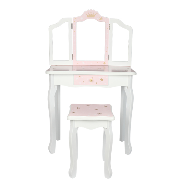 Wooden Toy Children's Dressing Table Three Foldable Mirror/Chair/Single Drawer Pink Star Style