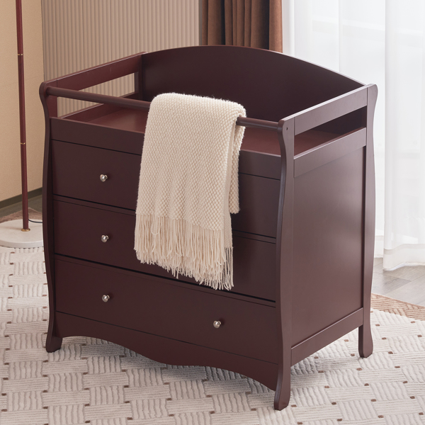 【Old Code:62594198】90*58*99cm Three Drawers With Seat Belt Baby Wooden Bed Nursing Table Brown