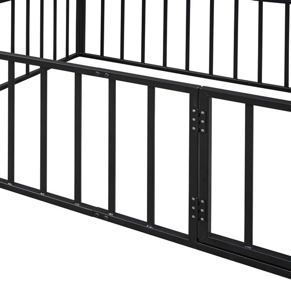 Full Size Metal Floor Bed Frame with Fence and Door, Black