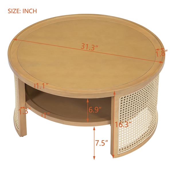 2-Tiered Round Natural Wood Coffee Table with Storage Rattan Base in 31.3''