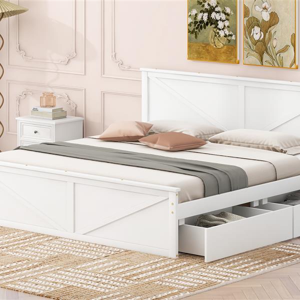 King Size Wooden Platform Bed with Four Storage Drawers and Support Legs, White