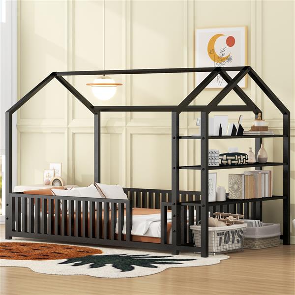 Twin Size Metal House Bed with Fence and Detachable Storage Shelves, Black