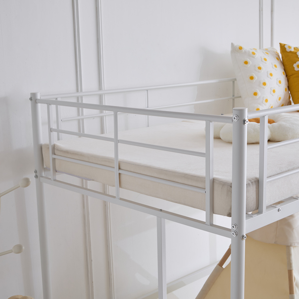 Twin Size Metal Loft Bed with Safety Guardrails & 2 Built-in Ladders, Loft Bunk Bed Frame for Teens Juniors Adults, Space Saving, Noise Free, No Box Spring Needed, White