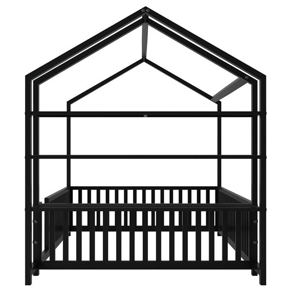 Full Size Metal House Bed with Fence and Detachable Storage Shelves, Black