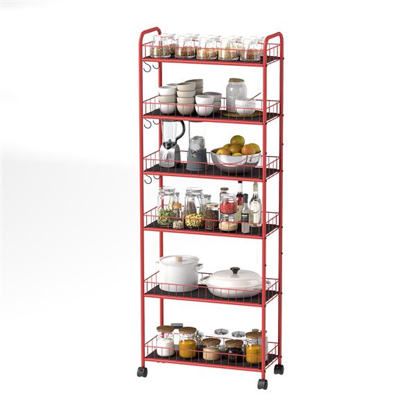 Red 6 Tier Slim Rolling Storage Cart, Mobile Shelving Unit with Wheels, Metal Wire Storage Shelving Rack with Baskets for Kitchen Bathroom Office Laundry Narrow Piaces