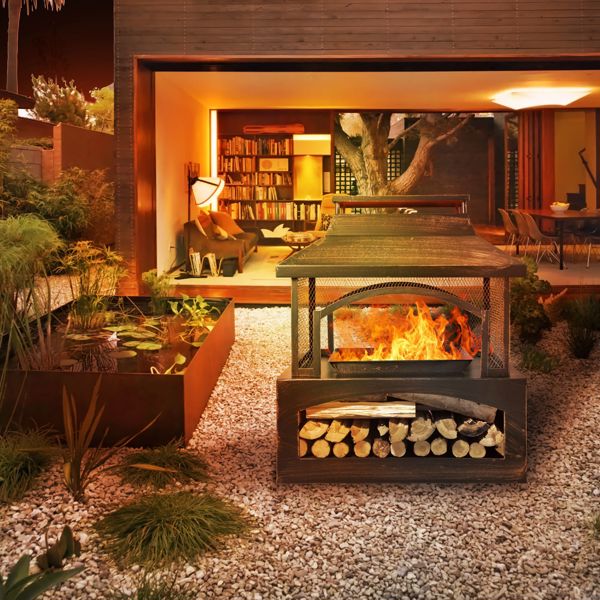 37-Inch Rectangular Metal Outdoor Wood Burning Fireplace - Outdoor Fireplace with Built-in Log Storage and Poker-Brushed Bronze,Log Burner Fire Pit for Patio Garden And Backyard 