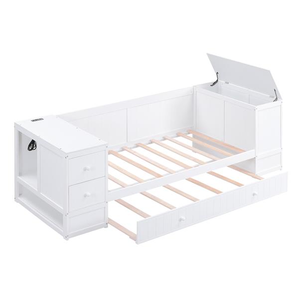 Twin Size Daybed with Storage Arms, Trundle and Charging Station, White