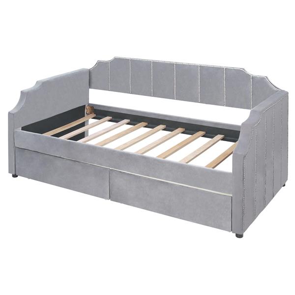 Twin Size Upholstered daybed with Drawers, Wood Slat Support, Gray