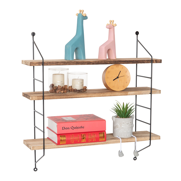 23-Inch Modern Industrial Metal and Torched Wood Adjustable Wall Mounted 3-Tier Display Floating Shelf