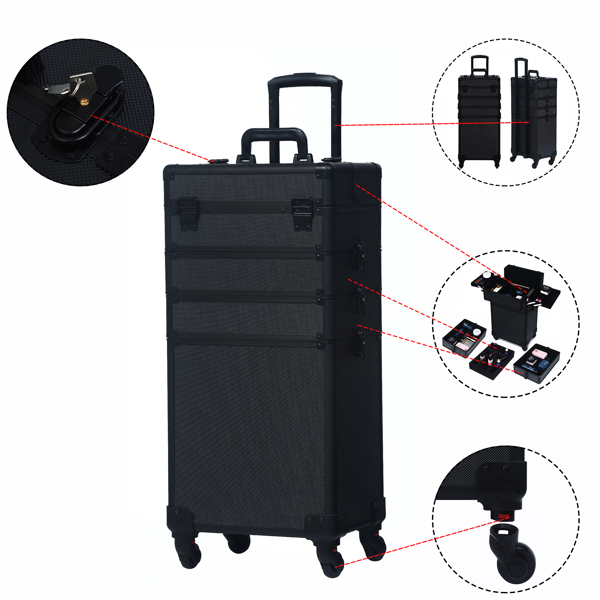 FCH 4pcs trolley type with universal wheels ABS all black cosmetic case