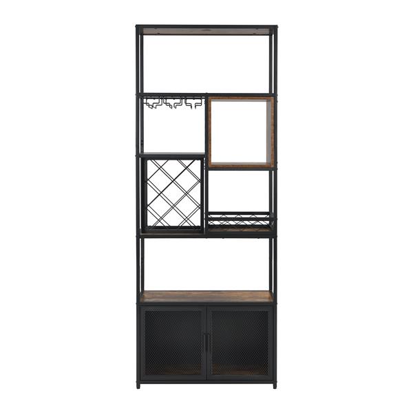 82.7" Industrial Tall Black Bar Wine Rack Cabinet with Glass Holder Wood Home Bar Cabinet