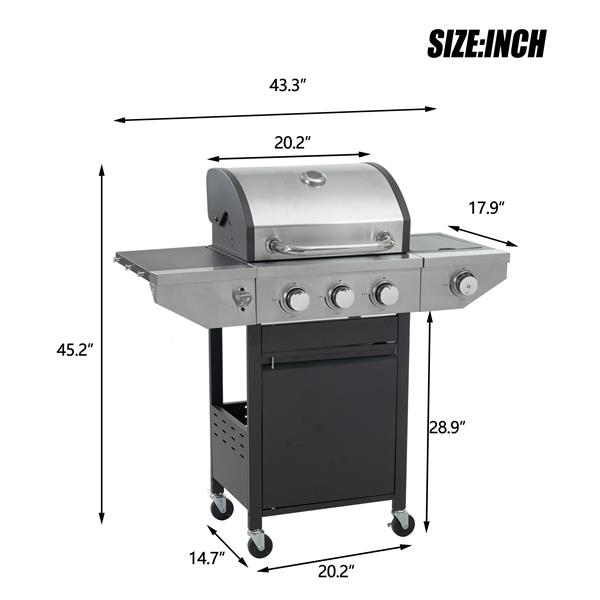 Propane Grill 3 Burner Barbecue Grill Stainless Steel Gas Grill with Side Burner and Thermometer for Outdoor BBQ, Camping