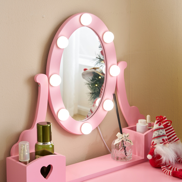 FCH Kids Vanity Set with Mirror and Lights and Stool, 5 Storage Drawers, Pretend Play Princess Makeup Desk Dressing Table and Stool Set for Little Girls Age 3+, Macaroon Pink