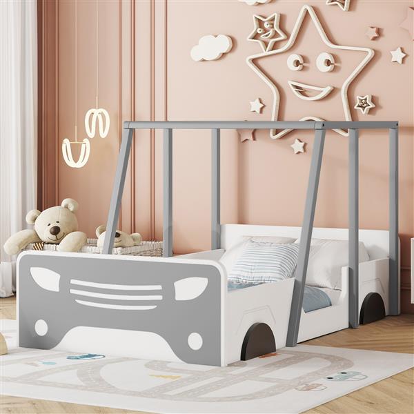 Twin Size Car-shaped Bed with Roof,Wooden Twin Floor Bed with wheels and door Design,Montessori Inspired Bedroom,Grey