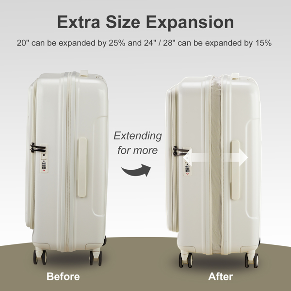 Expandable Carry on Luggage 22 ×14 × 9 Airline Approved with USB Port, ABS+PC 20 Inch  Luggage with Front Compartment, Double Spinner Wheels, TSA Lock, White