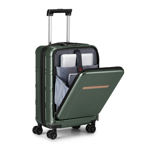 Carry on Luggage 22 X 14 X 9 Airline Approved, ABS+PC 20 Inch Luggage with Front Compartment, Double Spinner Wheels, TSA Lock，Dark Green Color