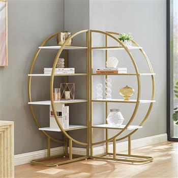 4 Tiers Home Office Open Bookshelf, Round Shape, Different Placement Ways, MDF Board, Gold Metal Frame, White