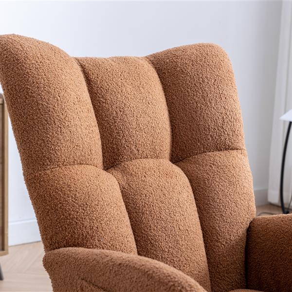 Rocking Chair with Pocket, Soft Teddy Fabric Rocking Chair for Nursery, Comfy Wingback Glider Rocker with Safe Solid Wood Base for Living Room Bedroom Balcony (brown)