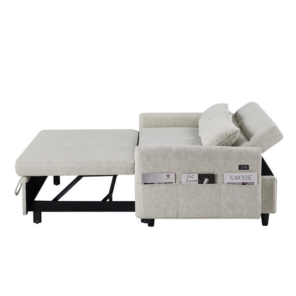 55.1" Pull Out Sleep Sofa Bed Loveseats Sofa Couch with Adjsutable Backrest, Storage Pockets, 2 Soft Pillows, USB Ports for Living Room, Bedroom, Apartment, Office, Beige