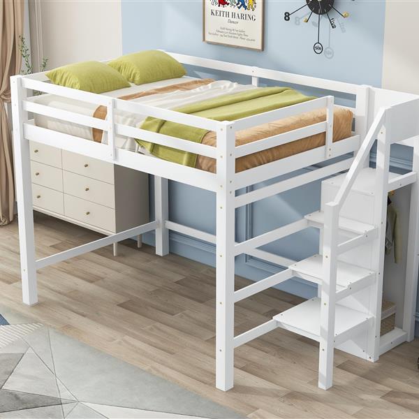 Full Size Loft Bed with Built-in Storage Wardrobe and Staircase, White