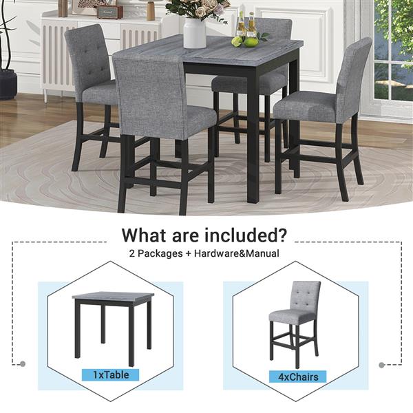 5-Piece Counter Height Dining Set Wood Square Dining Room Table and Chairs Stools w/Footrest & 4 Upholstered high-back Chairs,Black