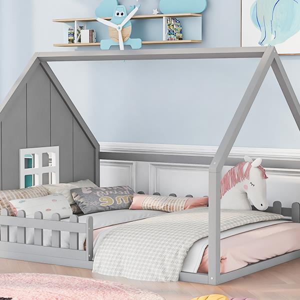 Full Size Wood House Bed with Window and Fence, Gray