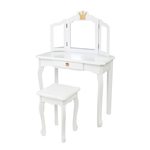 Children's Wooden Dressing Table Three-Sided Folding Mirror Dressing Table Chair Single Drawer White Crown Style