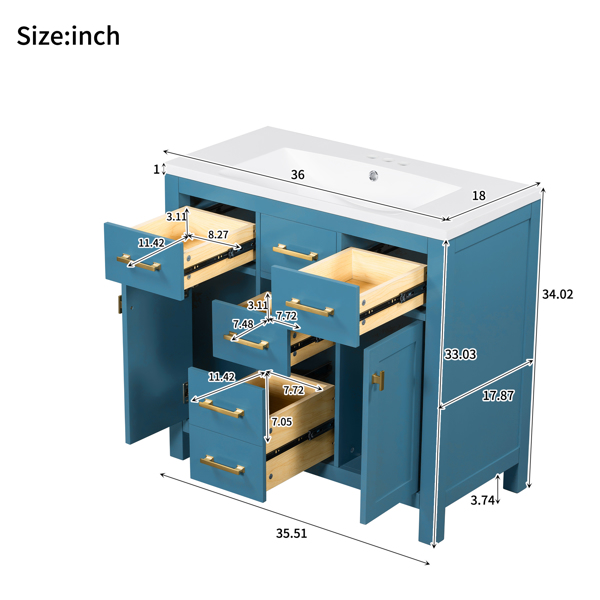 36'' Bathroon Vanity with Resin Sink Combo Set,Modern Freestanding Single Bathroom Cabinet with 4 Drawers & 2 Cabinets,Storage Cabinet for Bathroom, Solid Wood Frame Vanity Set, Blue 