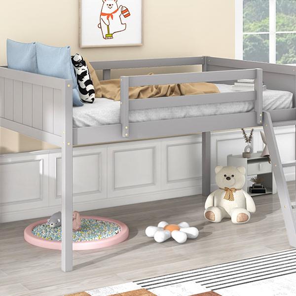 Twin Size Wood Low Loft Bed with Ladder, ladder can be placed on the left or right, Gray