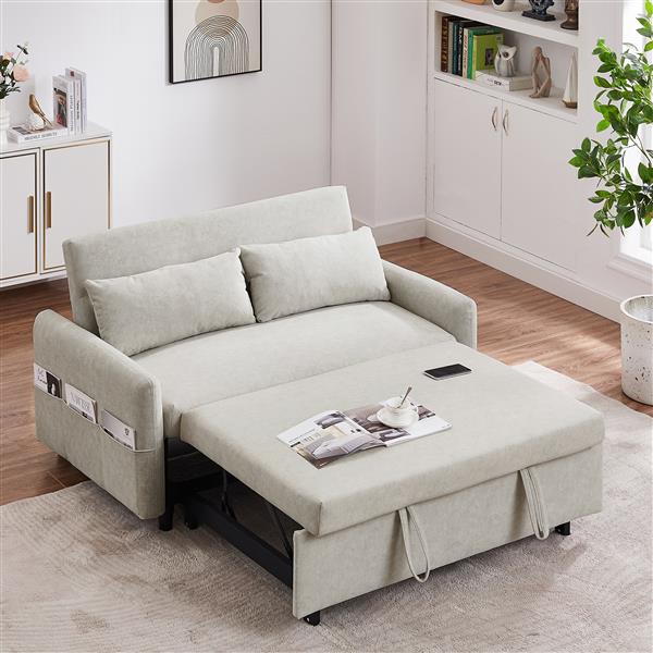 55.1" Pull Out Sleep Sofa Bed Loveseats Sofa Couch with Adjsutable Backrest, Storage Pockets, 2 Soft Pillows, USB Ports for Living Room, Bedroom, Apartment, Office, Beige