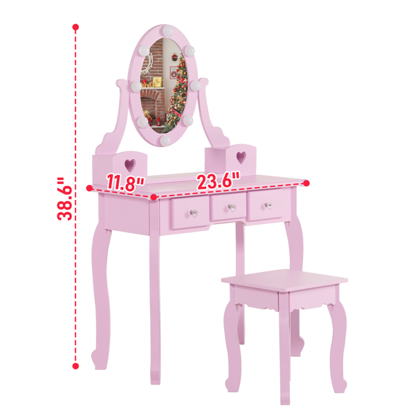 FCH Kids Vanity Set with Mirror and Lights and Stool, 5 Storage Drawers, Pretend Play Princess Makeup Desk Dressing Table and Stool Set for Little Girls Age 3+, Macaroon Purple