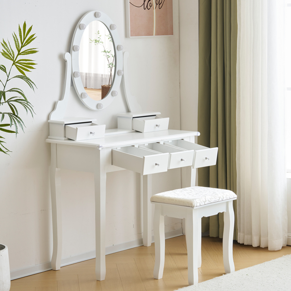 FCH Vanity Set with 3-Color Dimmable Lighted Mirror, Makeup Dressing Table with Power Outlet, Drawers and Cushioned Stool, White