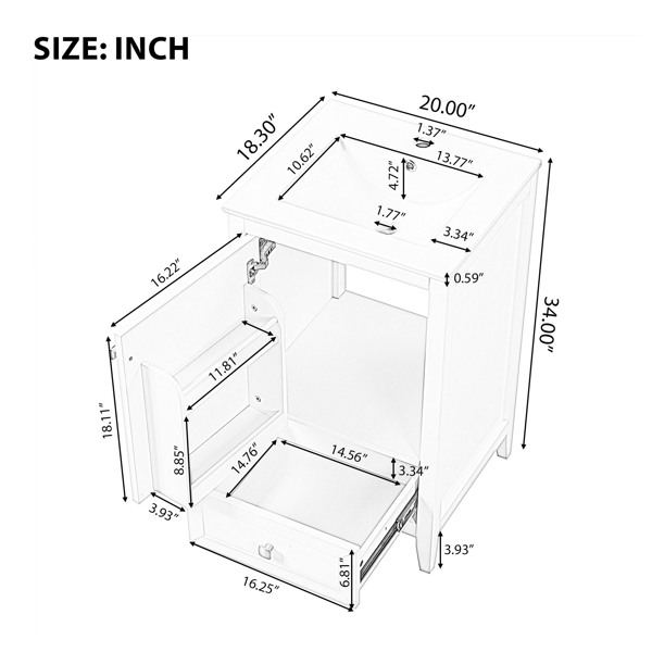 20" Bathroom Vanity with Sink, Bathroom Cabinet with Soft Closing Door, Storage Rack and A Drawer, White 