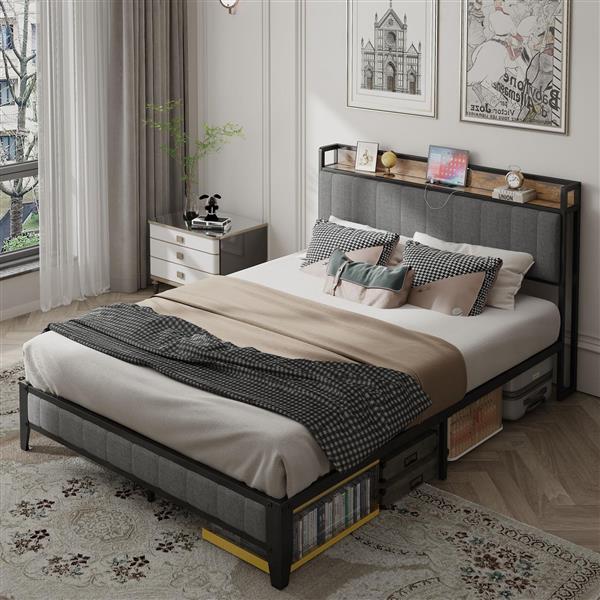 Queen Size Bed Frame with Charging Station, Upholstered Headboard, Metal Platform, Grey