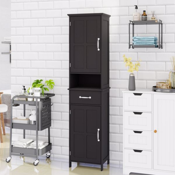 Double Door Narrow Height Slim Floor Standing Cabinet with 2 Adjustable Shelves-Black 