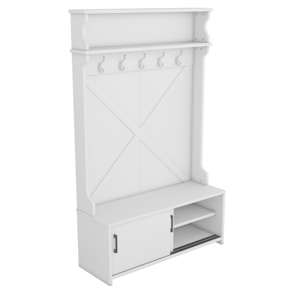 Hall Tree with Storage Bench, Entryway Bench with Drawer and 5 Hooks, Coat Rack with Display Shelf for Hallway Entryways, White