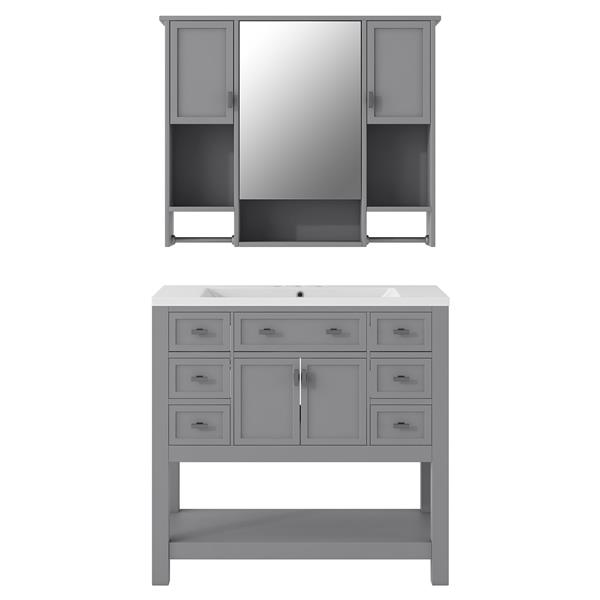 36'' Bathroom Vanity with Top Sink, Modern Mirror Cabinet with Towels Bar, Bathroom Storage Cabinet with 2 Soft Closing Doors and 6 Drawers, Single Sink Bathroom Vanity