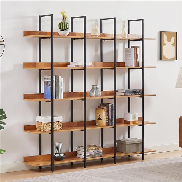 5 Tier Bookcase Home Office Open Bookshelf, Vintage Industrial Style Shelf, MDF Board, Black Metal Frame, Brown