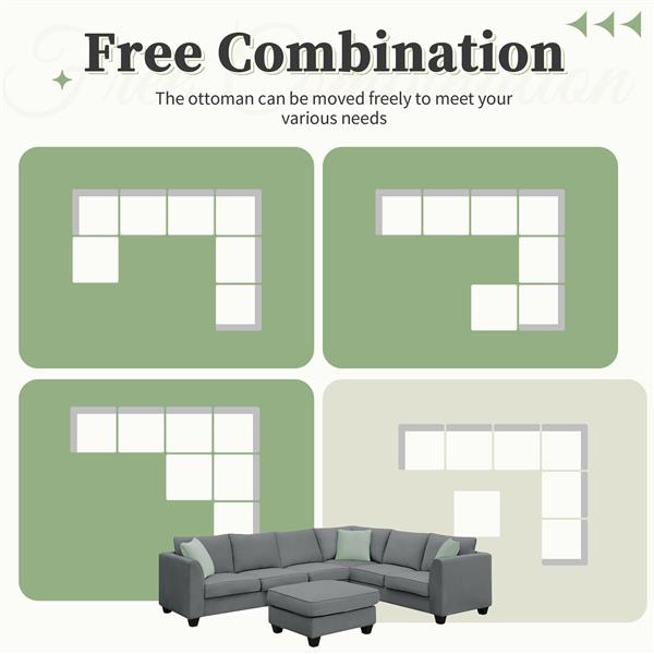 [VIDEO provided] 112*87" Sectional Sofa Couches Living Room Sets, 7 Seats Modular Sectional Sofa with Ottoman, L Shape Fabric Sofa Corner Couch Set with 3 Pillows, Grey