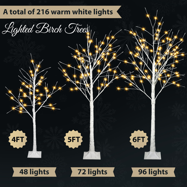 Set of Lighted Birch Tree, 4FT 48 LED/5FT 72 LED/6FT 96 LED Artificial Tree with Warm White Lights, Christmas Tree for ​Decoration Inside and Outside 