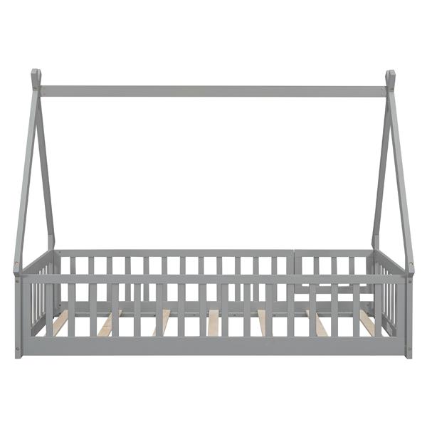 Twin Tent-shaped Floor Bed, with Guardrails, Slats, Door ,Grey