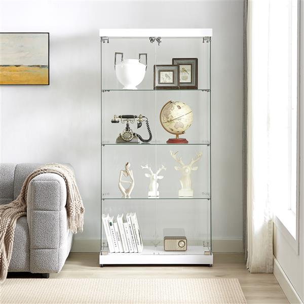 4-Tier Glass Display Cabinet, Double Door Glass Cabinet, Four Partitions, Two Locks, Floor Standing Storage Cabinet for Living Room, Bedroom, Showroom and Office, White, 31.5"L x 14.2"W x 66.3"H