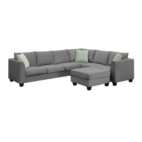 [VIDEO provided] 112*87" Sectional Sofa Couches Living Room Sets, 7 Seats Modular Sectional Sofa with Ottoman, L Shape Fabric Sofa Corner Couch Set with 3 Pillows, Grey