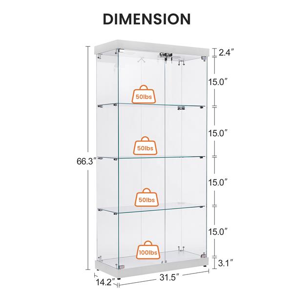 4-Tier Glass Display Cabinet, Double Door Glass Cabinet, Four Partitions, Two Locks, Floor Standing Storage Cabinet for Living Room, Bedroom, Showroom and Office, White, 31.5"L x 14.2"W x 66.3"H