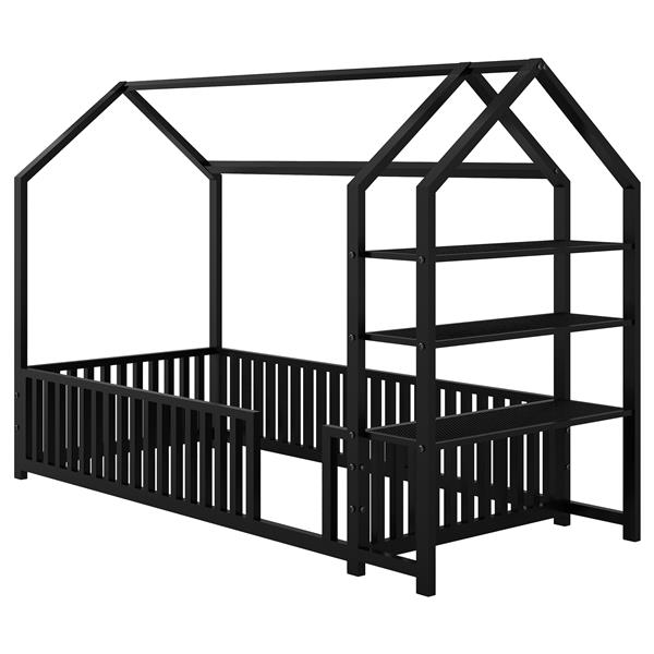 Twin Size Metal House Bed with Fence and Detachable Storage Shelves, Black