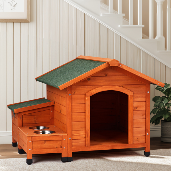  88*106*77cm Wooden Feral  Dog House for Outdoor and Indoor, Pet House with  Food Bowl& Food Storage Bucket